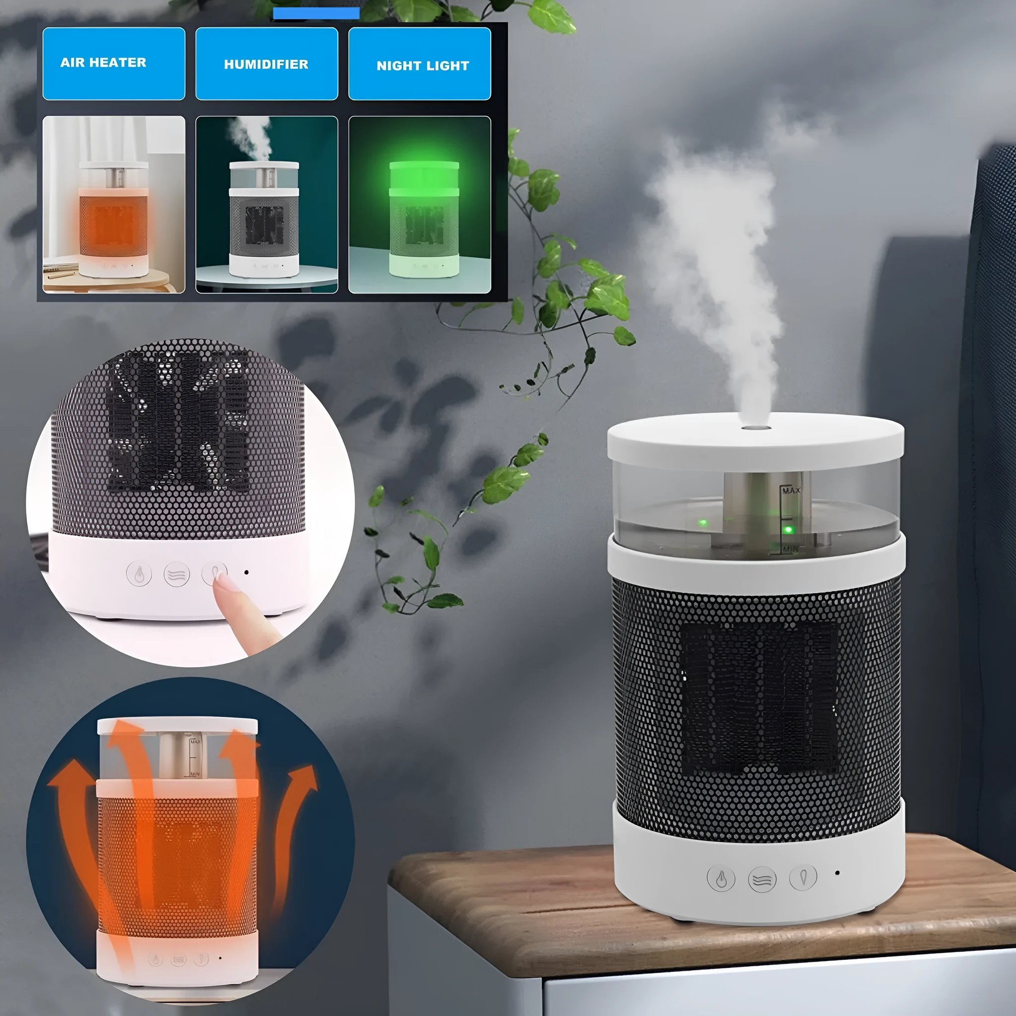 White 3-in-1 space heater with humidifier and night light on a desk