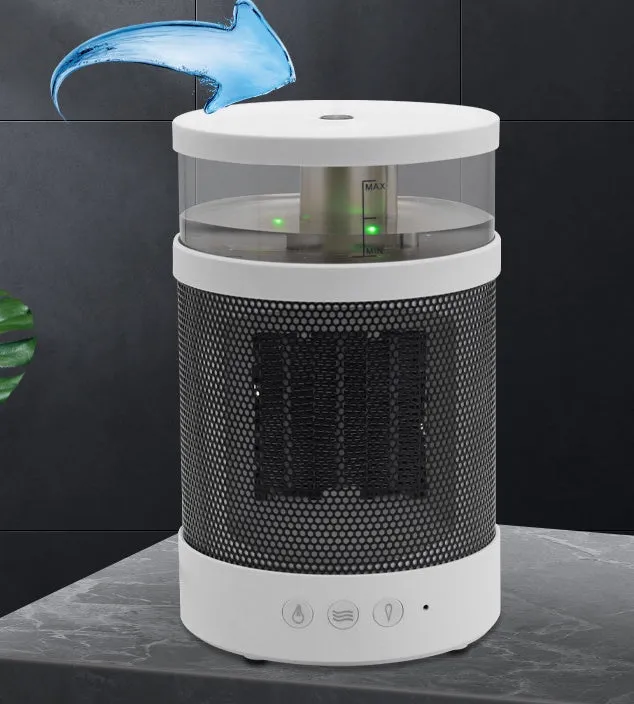 White 3-in-1 space heater with humidifier and night light on a desk