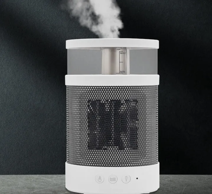 White 3-in-1 space heater with humidifier and night light on a desk