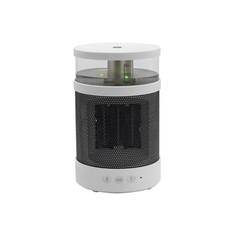 White 3-in-1 space heater with humidifier and night light on a desk