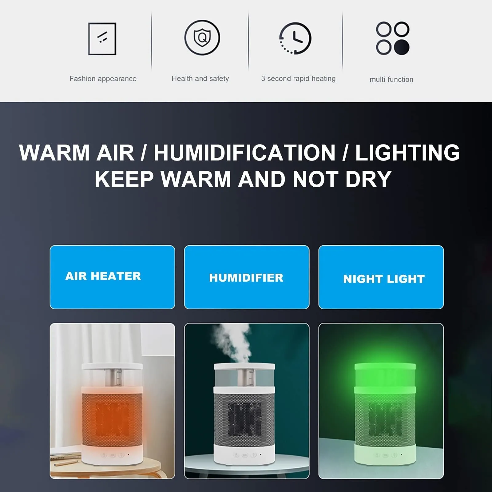 White 3-in-1 space heater with humidifier and night light on a desk