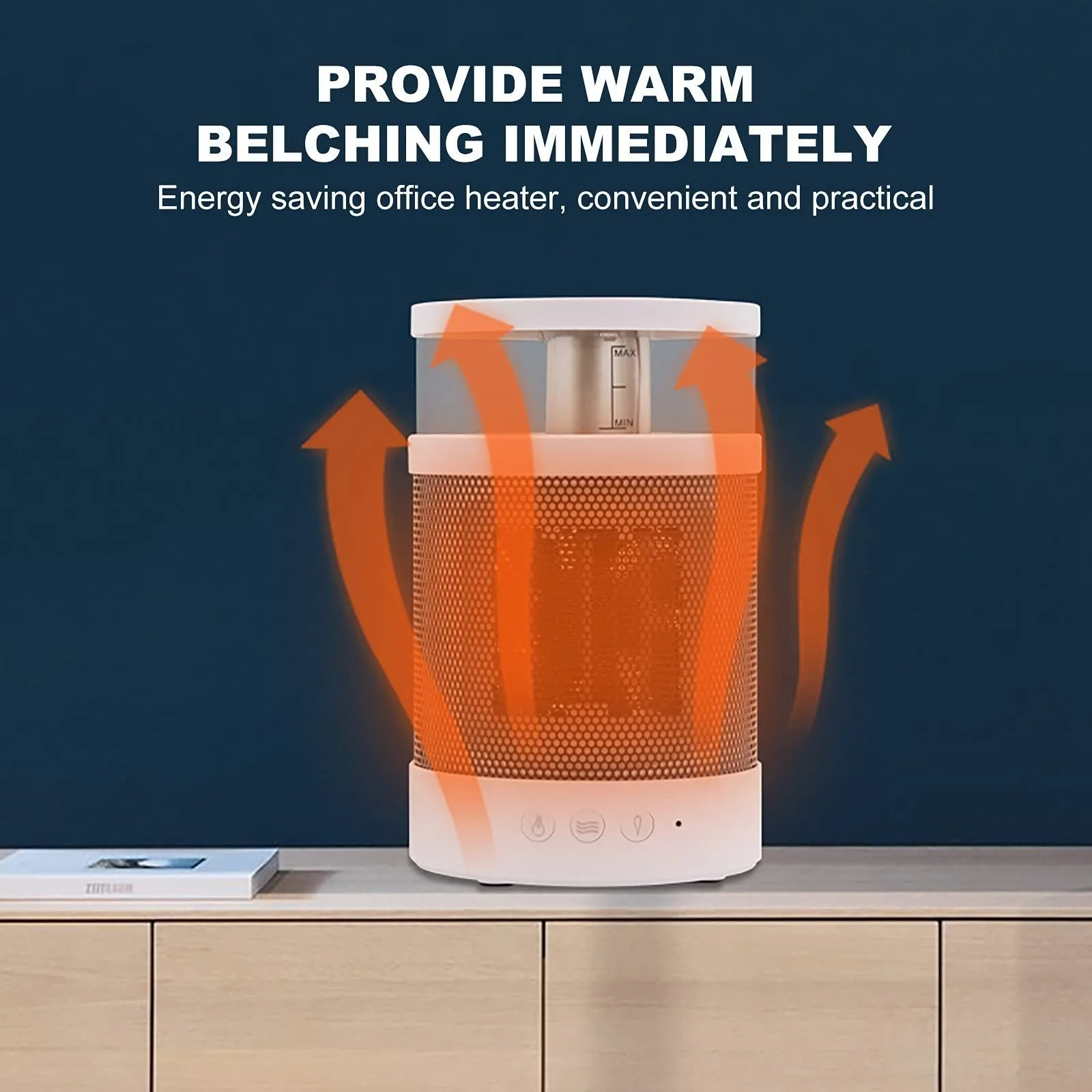 White 3-in-1 space heater with humidifier and night light on a desk