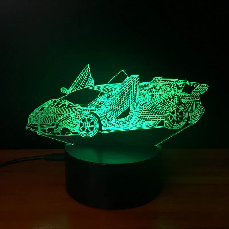 Lamborghini 3D LED night light with USB cable showing black finish from front angle