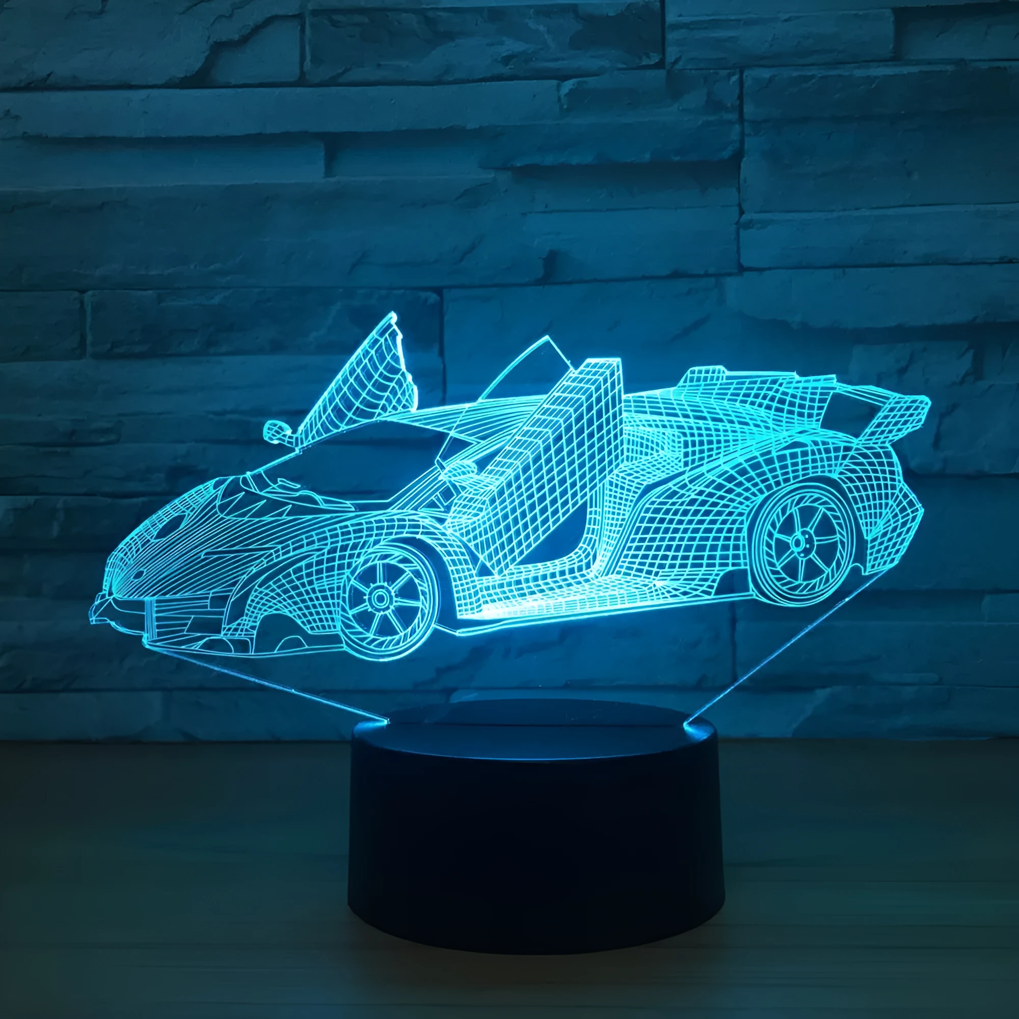 Lamborghini 3D LED night light with USB cable showing black finish from front angle