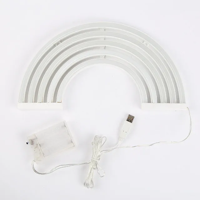 LED wall hanging rainbow neon light with compact 30x2x16cm housing on a wall