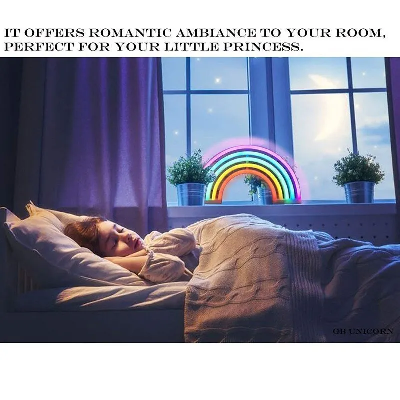 LED wall hanging rainbow neon light with compact 30x2x16cm housing on a wall
