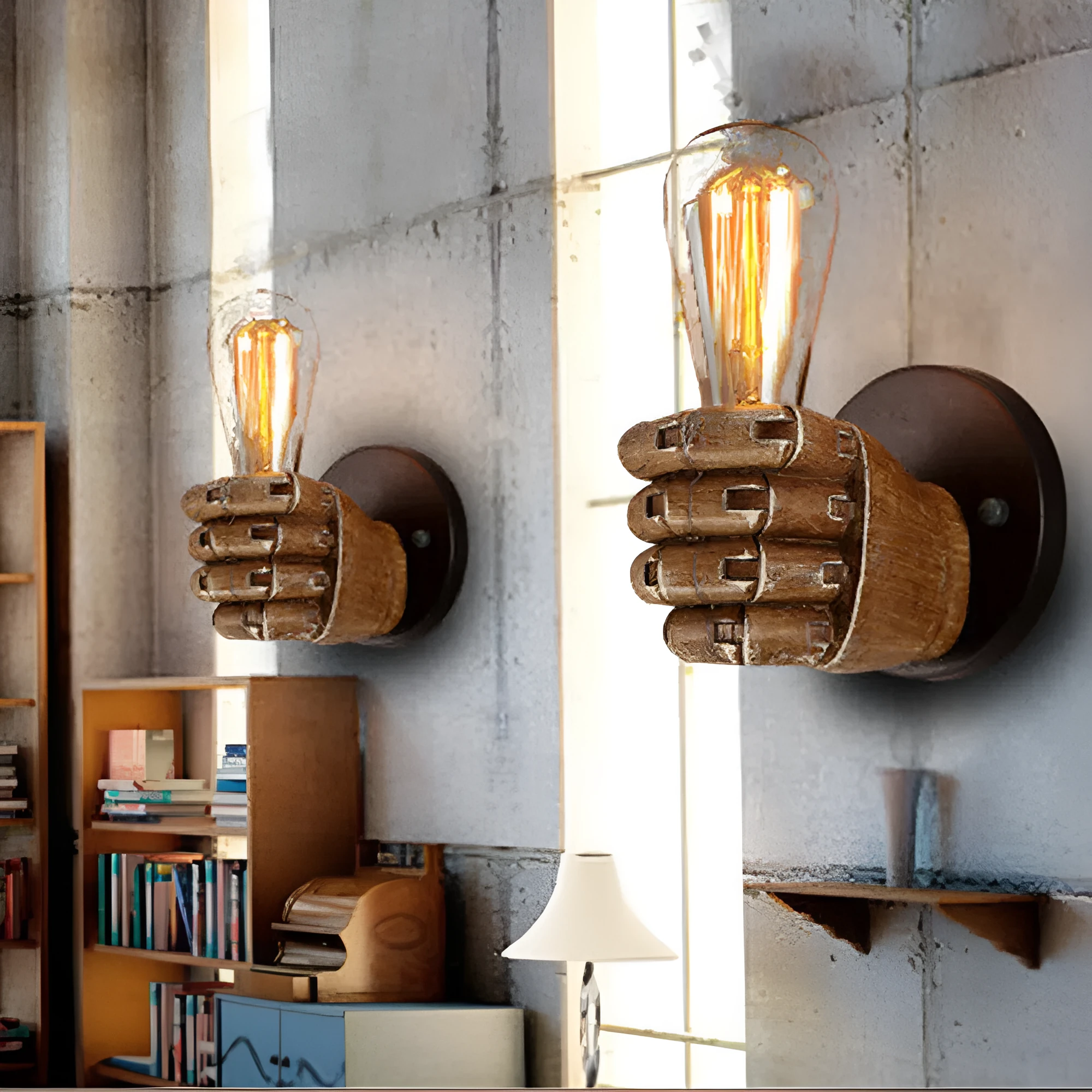 Brown resin fist-shaped decorative wall lamp with E27 bulb holder on a wall