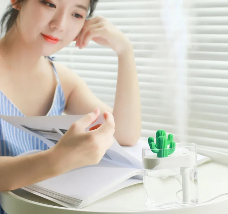 Transparent green cactus USB portable humidifier on desk showing water level inside plastic body