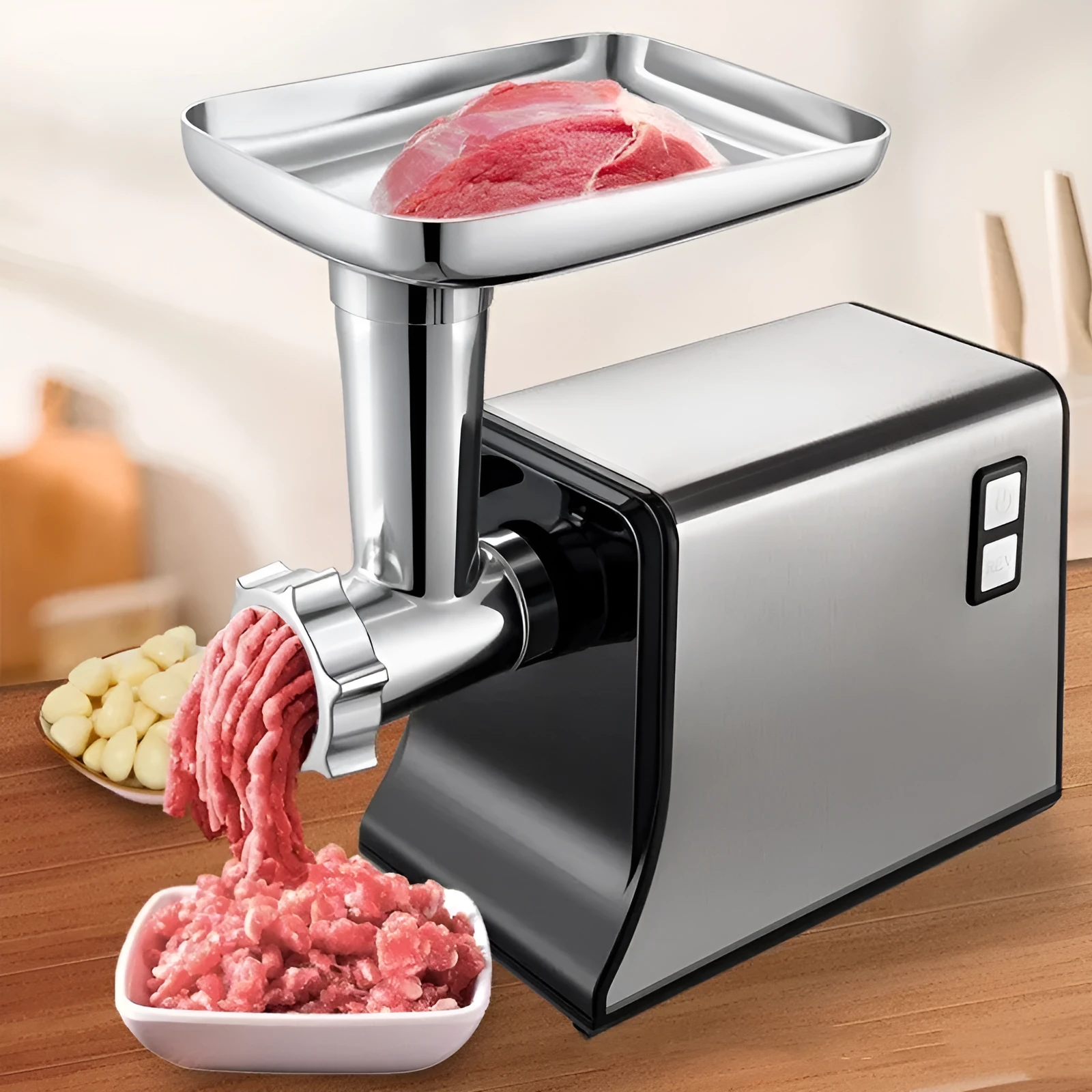 Silver meat grinder with double mixing blade on countertop, 33.5cm tall, aluminium tray and straight head visible