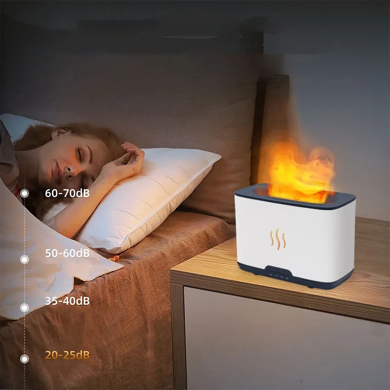 New Flame 300ml ultrasonic aromatherapy humidifier in white on a desktop with USB cable