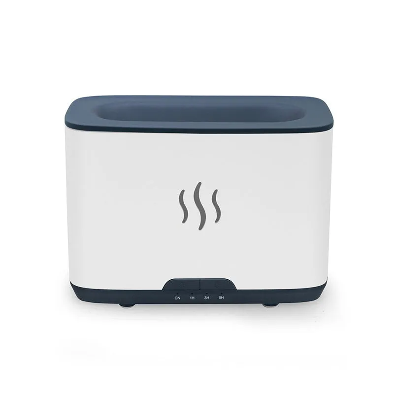 New Flame 300ml ultrasonic aromatherapy humidifier in white on a desktop with USB cable