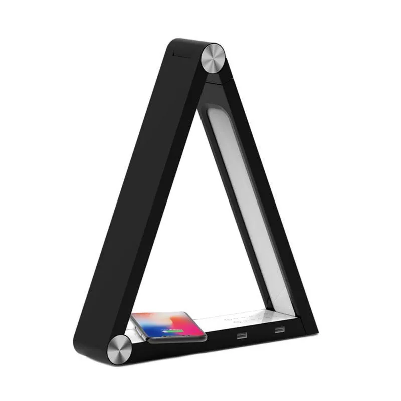 LED triangle table lamp with wireless charging pad and touch dimming controls in black