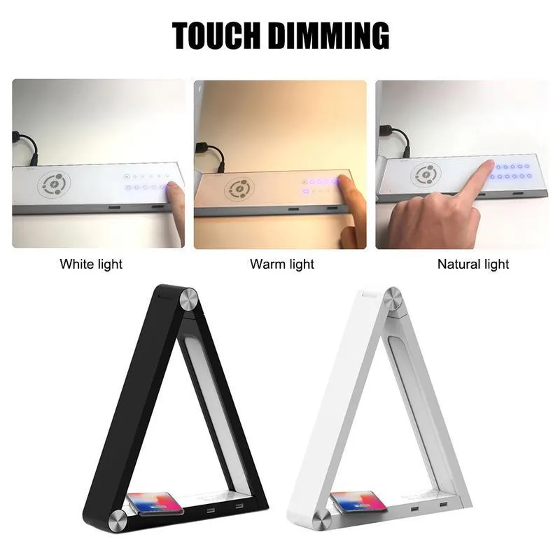 LED triangle table lamp with wireless charging pad and touch dimming controls in black