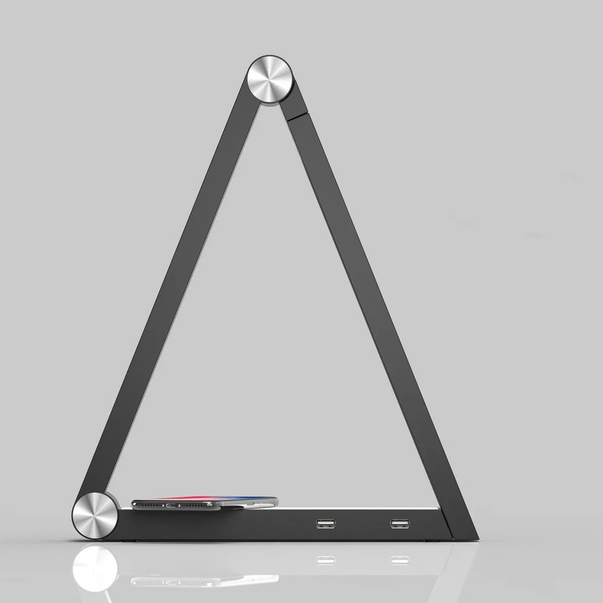 LED triangle table lamp with wireless charging pad and touch dimming controls in black