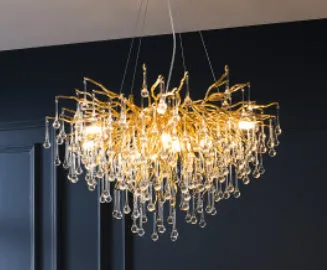 Crystal chandelier with water drop lamps and aluminium body, 600mm diameter, adjustable height 0.5m