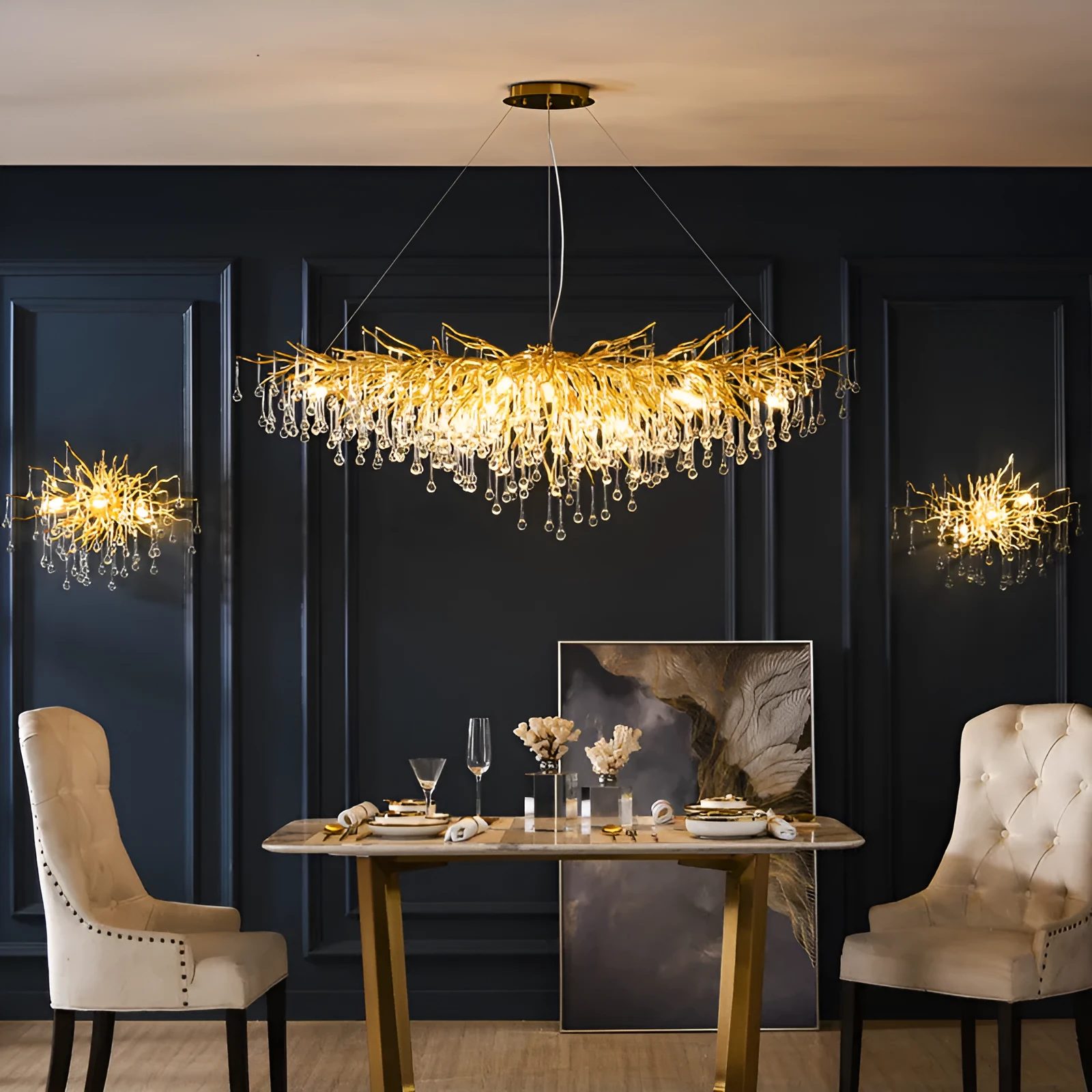 Crystal chandelier with water drop lamps and aluminium body, 600mm diameter, adjustable height 0.5m