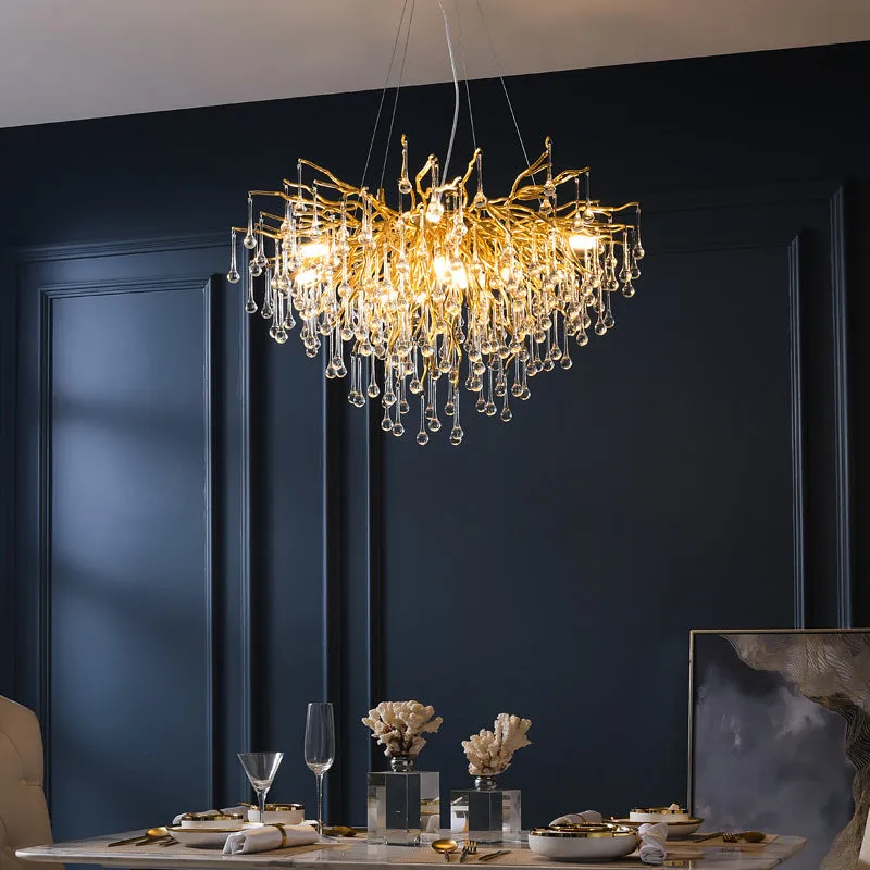 Crystal chandelier with water drop lamps and aluminium body, 600mm diameter, adjustable height 0.5m
