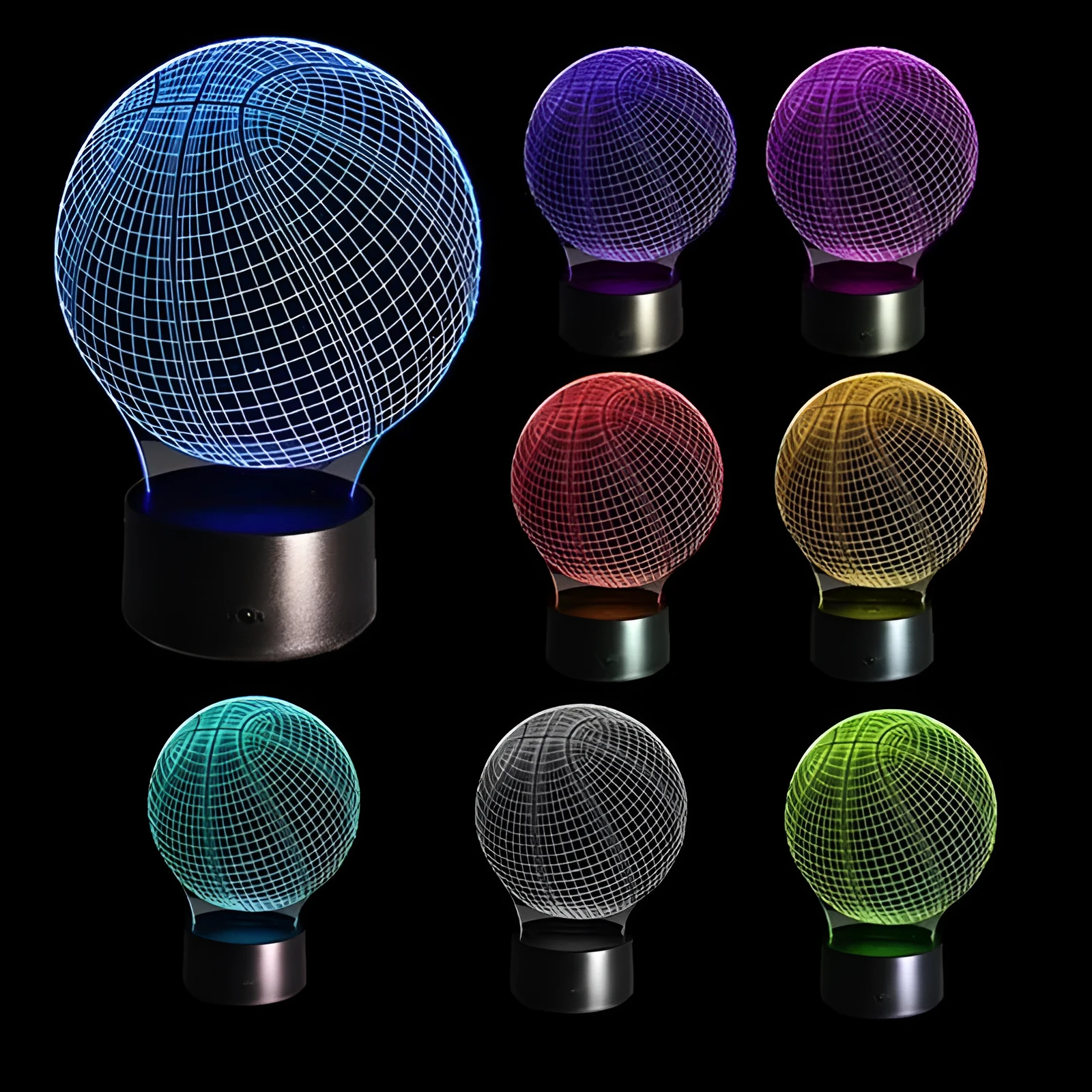 Basketball 3D Illusion Lamp with cyan light on acrylic glass showing three-dimensional effect