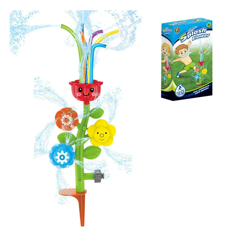Cactus-shaped outdoor water sprinkler toy for kids on green grass with water spray