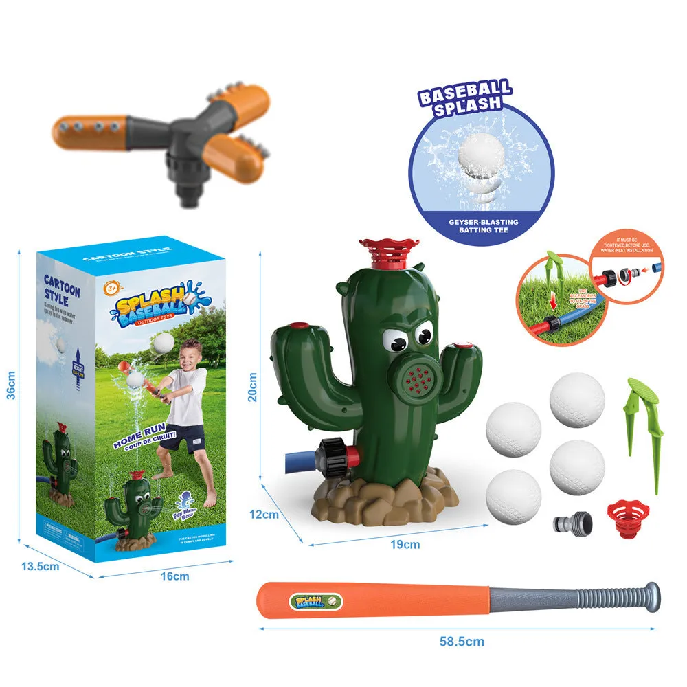 Cactus-shaped outdoor water sprinkler toy for kids on green grass with water spray
