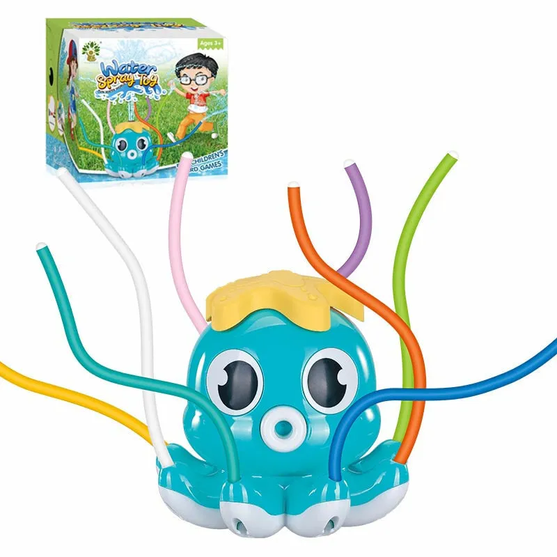 Cactus-shaped outdoor water sprinkler toy for kids on green grass with water spray