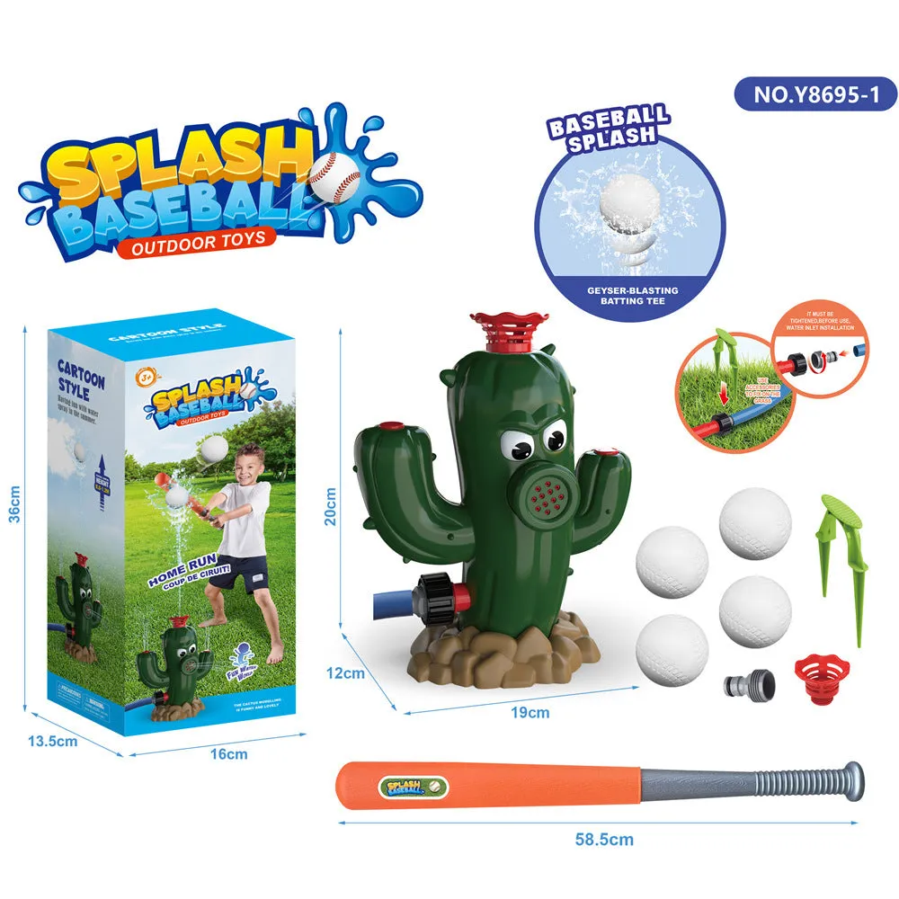 Cactus-shaped outdoor water sprinkler toy for kids on green grass with water spray