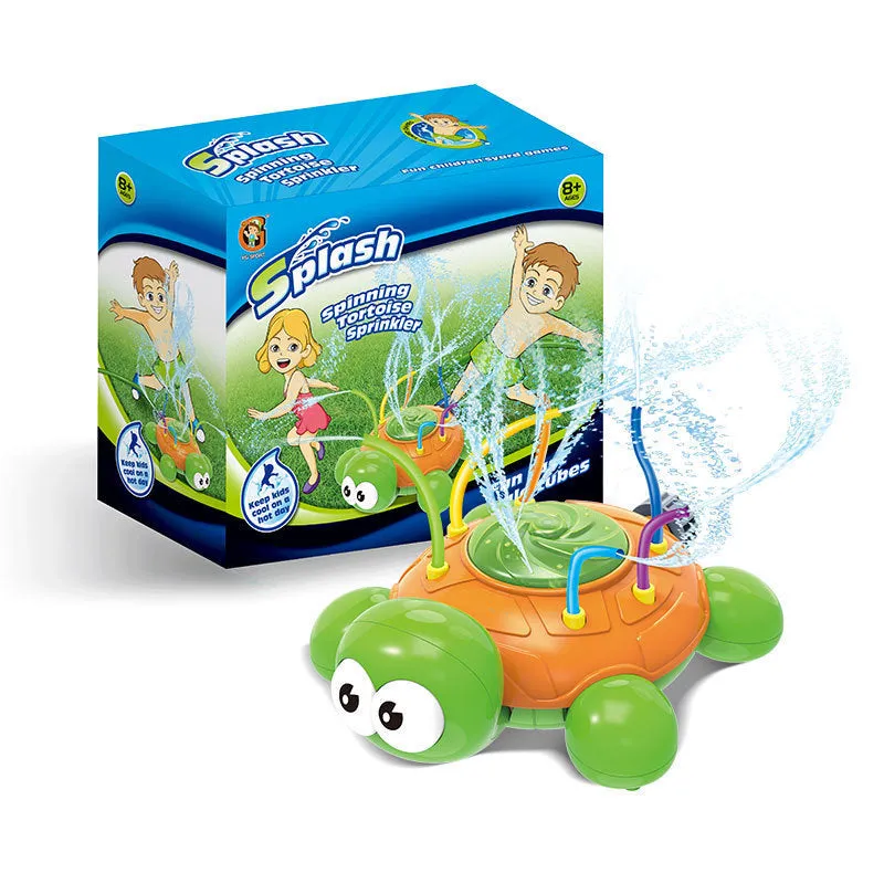 Cactus-shaped outdoor water sprinkler toy for kids on green grass with water spray
