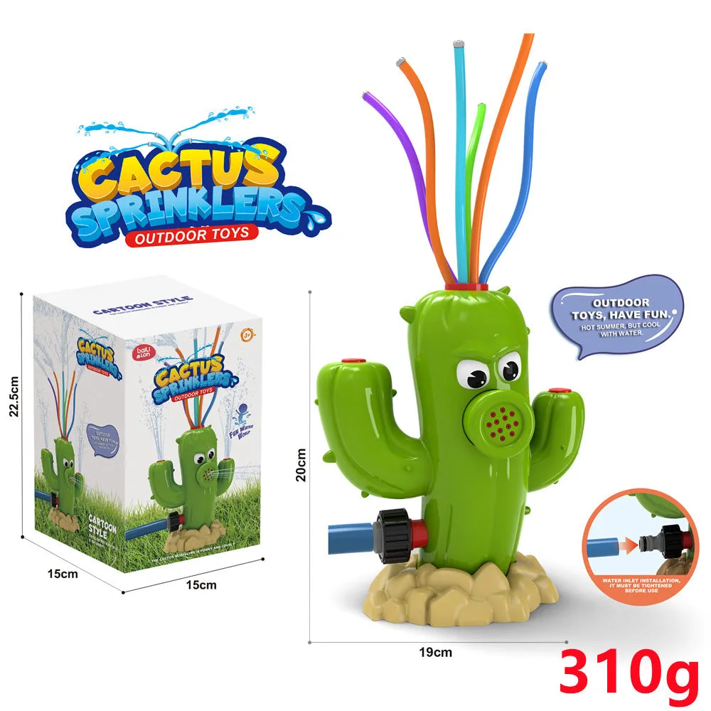 Cactus-shaped outdoor water sprinkler toy for kids on green grass with water spray