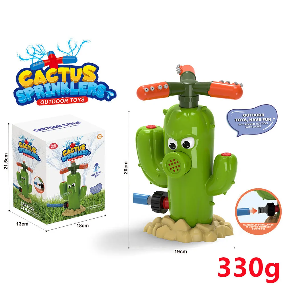 Cactus-shaped outdoor water sprinkler toy for kids on green grass with water spray