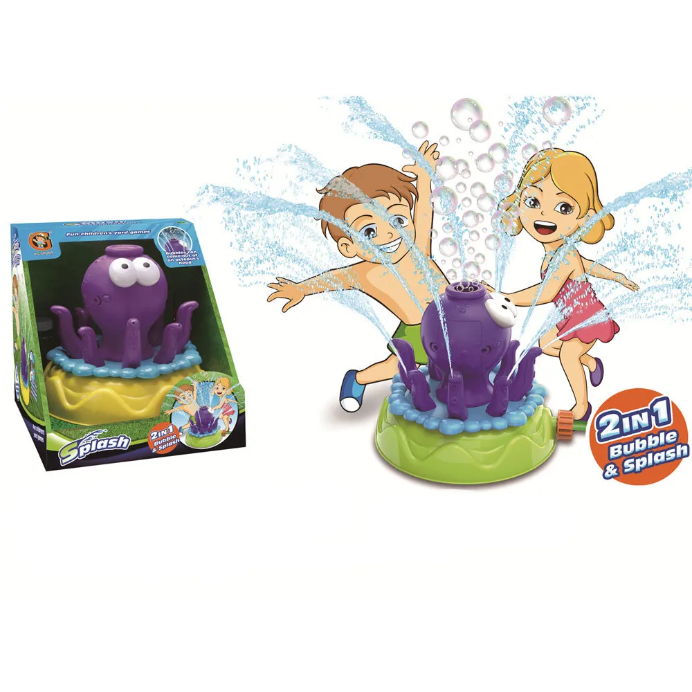 Cactus-shaped outdoor water sprinkler toy for kids on green grass with water spray