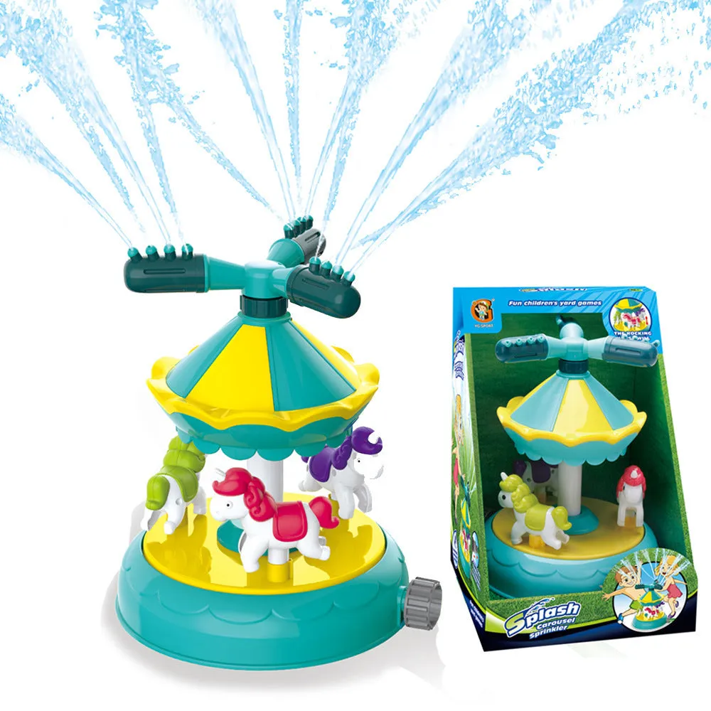 Cactus-shaped outdoor water sprinkler toy for kids on green grass with water spray