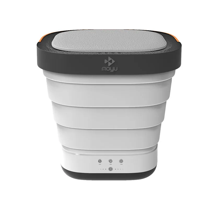 Portable folding bucket washing machine in white with silicone collapsible section and ABS lid