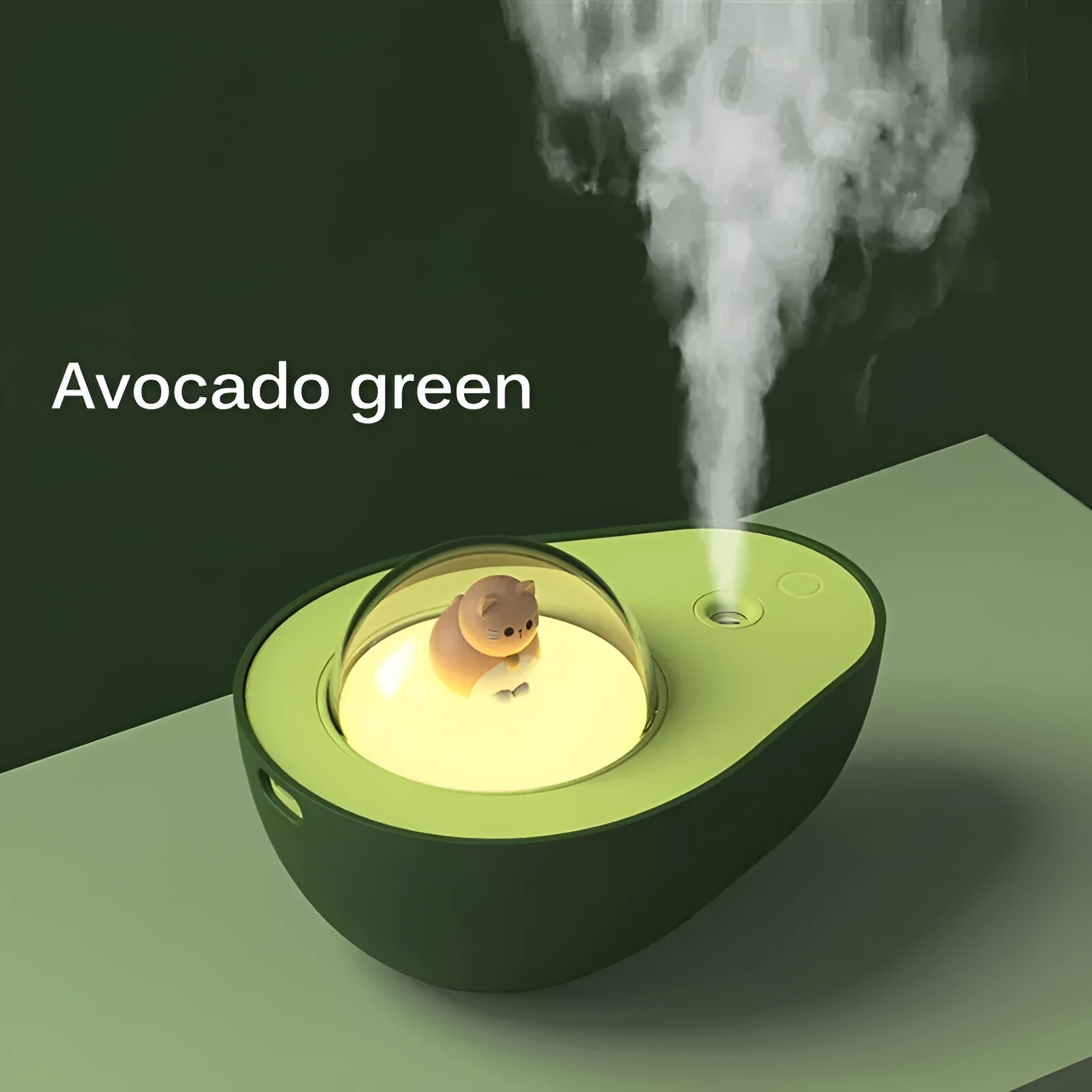 Green avocado-shaped mini humidifier with USB cable and night light on a desk