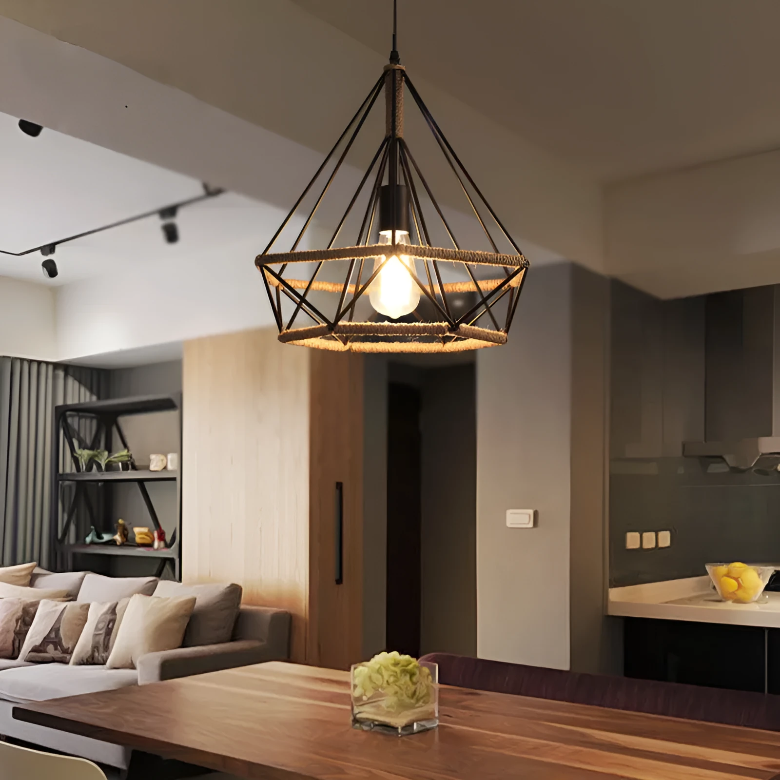 Rustic twine wrapped iron chandelier with adjustable height, 25cm diameter model shown