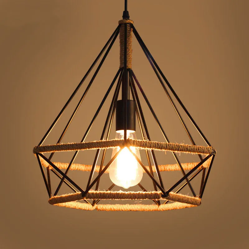Rustic twine wrapped iron chandelier with adjustable height, 25cm diameter model shown