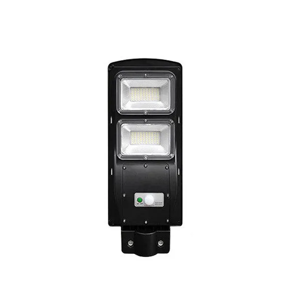 Integrated solar-powered 60W LED street light with remote control for outdoor use.