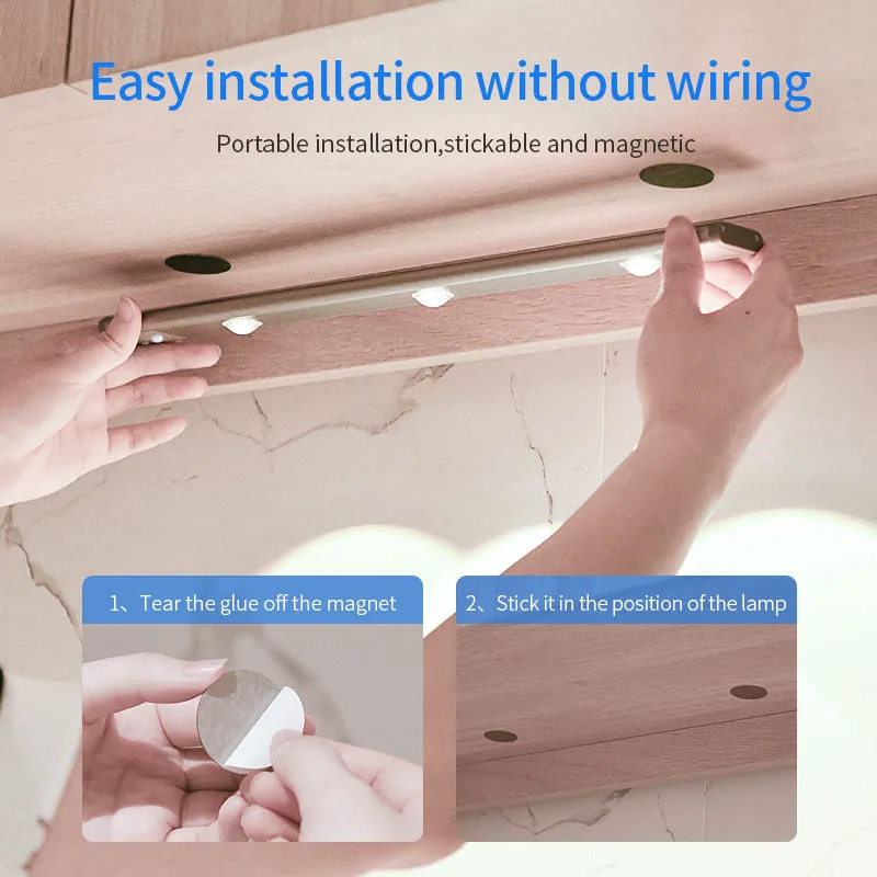 Rechargeable motion sensor lamp with aluminium body and magnetic mount for under-cabinet use, three colour temperature LED
