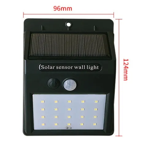 Solar sensor light with 20 LED beads and infrared sensor on a wall in outdoor setting
