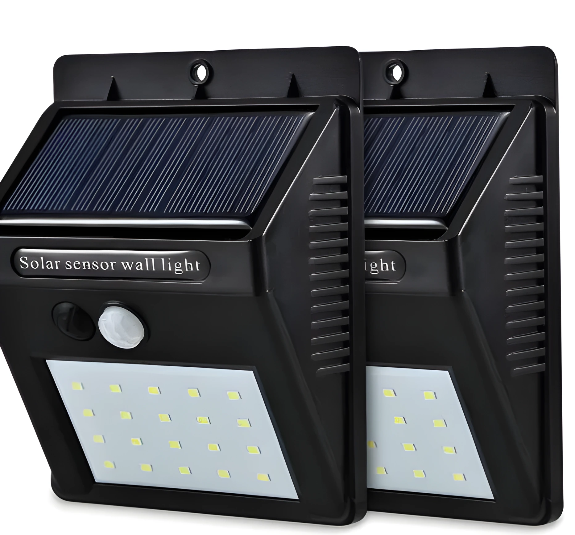 Solar sensor light with 20 LED beads and infrared sensor on a wall in outdoor setting