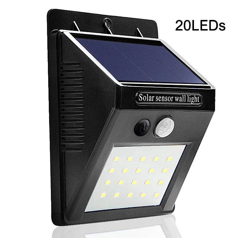 Solar sensor light with 20 LED beads and infrared sensor on a wall in outdoor setting