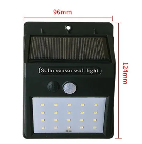 Solar sensor light with 20 LED beads and infrared sensor on a wall in outdoor setting