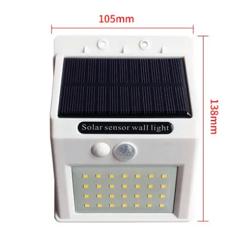 Solar sensor light with 20 LED beads and infrared sensor on a wall in outdoor setting
