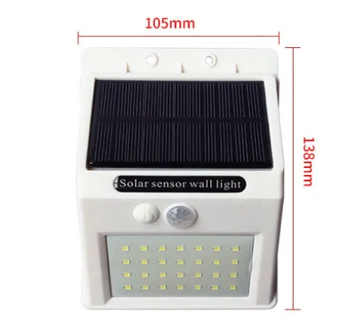 Solar sensor light with 20 LED beads and infrared sensor on a wall in outdoor setting