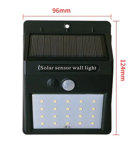 Solar sensor light with 20 LED beads and infrared sensor on a wall in outdoor setting