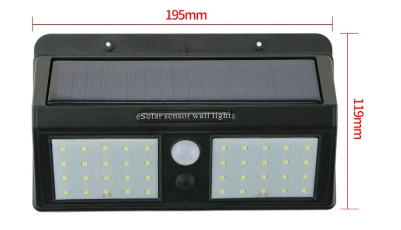 Solar sensor light with 20 LED beads and infrared sensor on a wall in outdoor setting