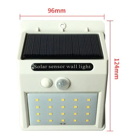 Solar sensor light with 20 LED beads and infrared sensor on a wall in outdoor setting