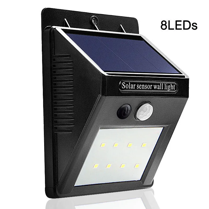 Solar sensor light with 20 LED beads and infrared sensor on a wall in outdoor setting