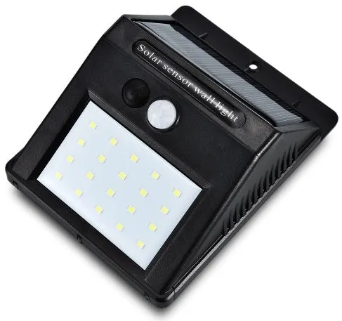Solar sensor light with 20 LED beads and infrared sensor on a wall in outdoor setting