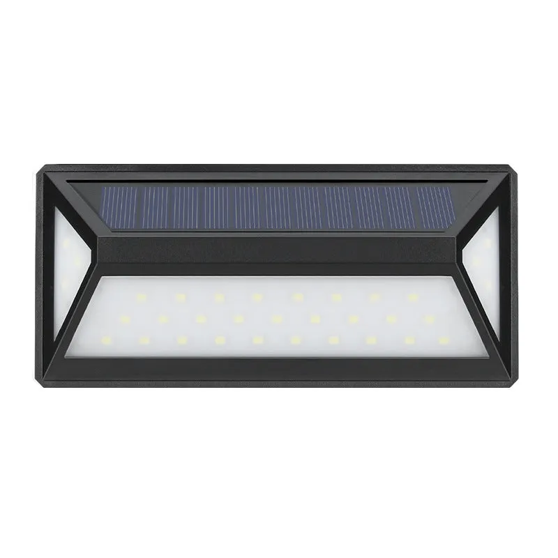 Black solar wall light with 33 LEDs, IP65 rated, measuring 166x75x30mm, mounted on an exterior wall
