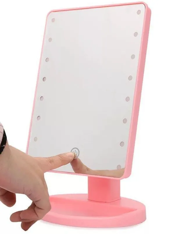 Portable 360 degree rotation touch induction LED tabletop cosmetic mirror in pink with 22 lights